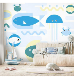 Fotomural - Animals in the sea - geometric blue fish in water for kids