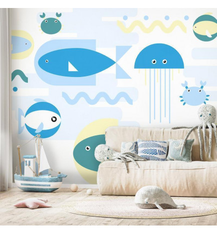 Papier peint - Animals in the sea - geometric blue fish in water for kids