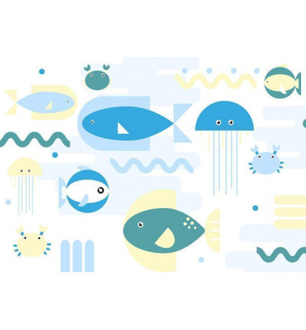 Fototapeet - Animals in the sea - geometric blue fish in water for kids