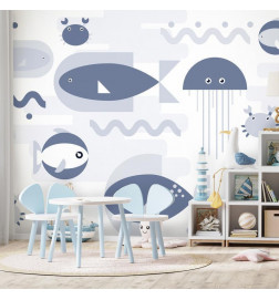 Wall Mural - Minimalist ocean - geometric fish and crabs in water for kids