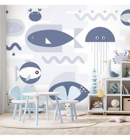 Papier peint - Minimalist ocean - geometric fish and crabs in water for kids