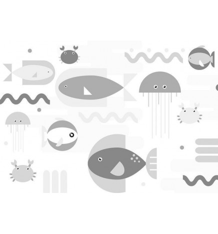 Fotomural - Minimalist grey ocean - geometric fish in water for children