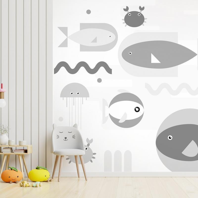 34,00 € Fotomural - Minimalist grey ocean - geometric fish in water for children