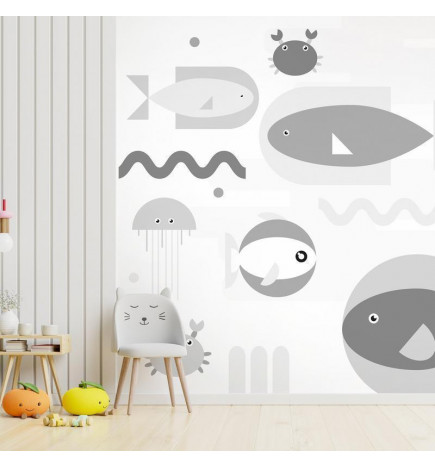 Papier peint - Minimalist grey ocean - geometric fish in water for children