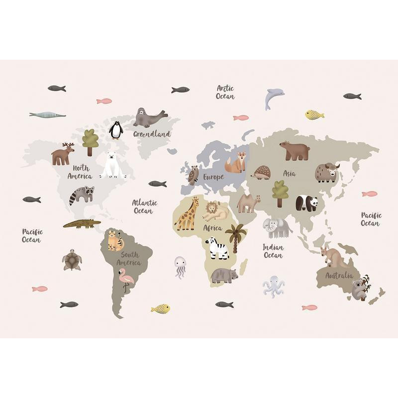 34,00 € Fototapeet - Pastel Map - Animals and Continents for Childrens Room