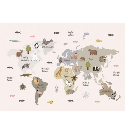 Fotobehang - Pastel Map - Animals and Continents for Childrens Room