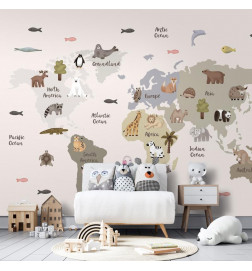 Fotobehang - Pastel Map - Animals and Continents for Childrens Room