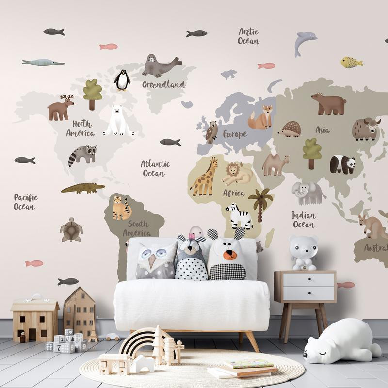 34,00 € Fotobehang - Pastel Map - Animals and Continents for Childrens Room