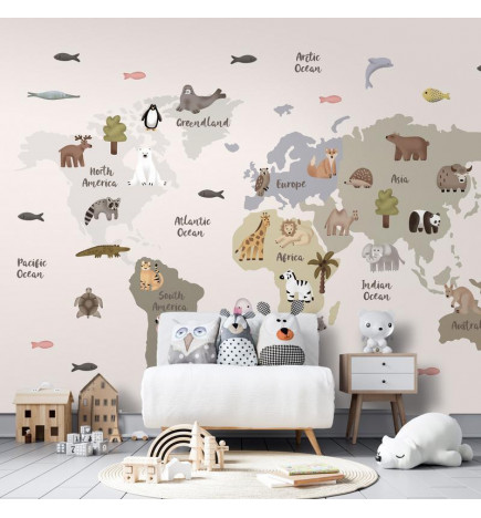 Fototapeet - Pastel Map - Animals and Continents for Childrens Room
