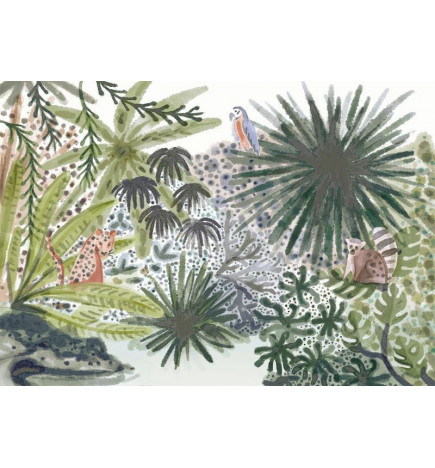 Papier peint - Flora of Madagascar - Tropical Landscape With Watercolour Animals