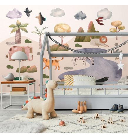 Fototapet - Africa for Toddlers - Savannah Animals in Pastel Colours