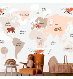 Mural de parede - Map in Shades of Beige - Continents With Animals