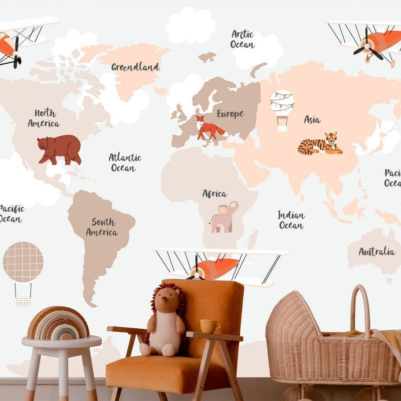 34,00 €Papier peint - Map in Shades of Beige - Continents With Animals