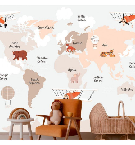 Foto tapete - Map in Shades of Beige - Continents With Animals