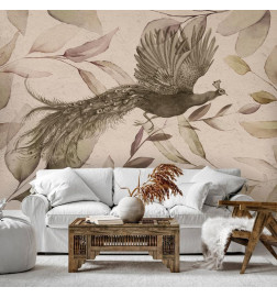 Fototapetas - Bird among the leaves - floral motif with a flying peacock in cool tones