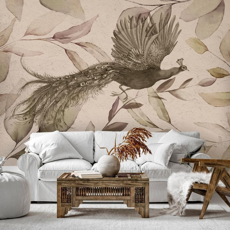 34,00 € Fotobehang - Bird among the leaves - floral motif with a flying peacock in cool tones