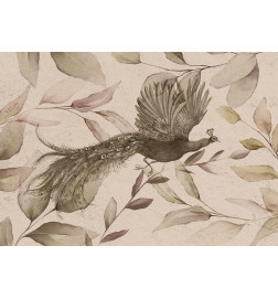 Fotomural - Bird among the leaves - floral motif with a flying peacock in cool tones