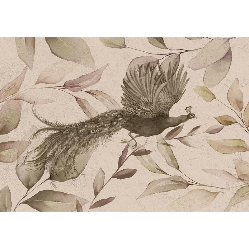 34,00 € Fototapeet - Bird among the leaves - floral motif with a flying peacock in cool tones
