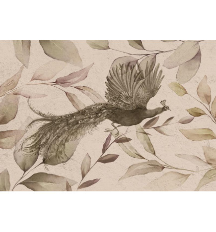 Fotobehang - Bird among the leaves - floral motif with a flying peacock in cool tones