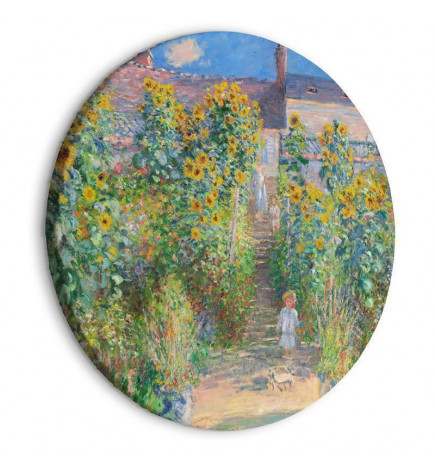 Apvalus paveikslas ant drobės - Claude Monet’s Garden at Vétheuil - Farmhouse With Sunflowers