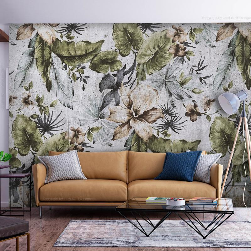 34,00 € Wall Mural - Nature in retro style - jungle landscape with pale leaves and flowers