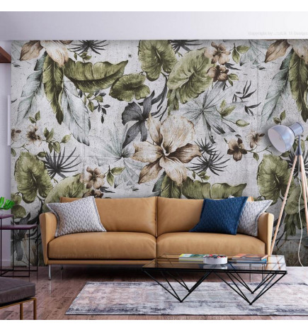 Mural de parede - Nature in retro style - jungle landscape with pale leaves and flowers