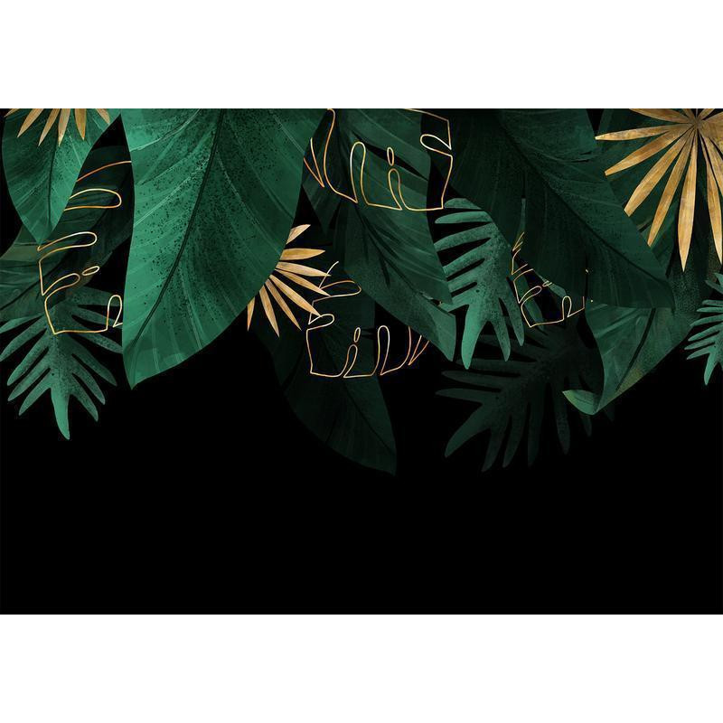 34,00 € Fotobehang - Jungle and composition - motif of green and golden leaves on a black background