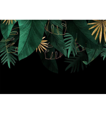 Fototapet - Jungle and composition - motif of green and golden leaves on a black background