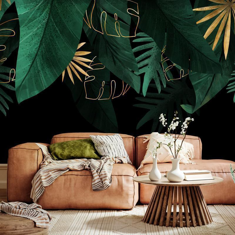 34,00 € Fotobehang - Jungle and composition - motif of green and golden leaves on a black background