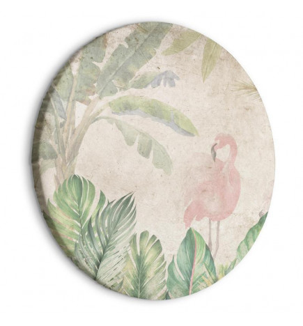 Tablou rotund - Birds wading among exotic flora - Flamingos amidst lush tropical vegetation in soft pastel shades of gre