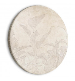 Apvalus paveikslas ant drobės - Muted exotic greenery - Delicate outlines of tropical shrubs on beige and sand backgroun