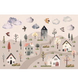 Wall Mural - Scandinavian Valley - Village in Pastel Colours Painted in Watercolours