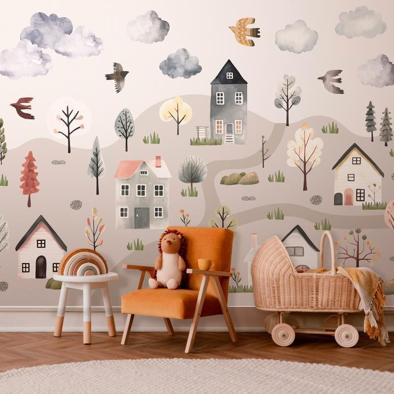 34,00 € Wall Mural - Scandinavian Valley - Village in Pastel Colours Painted in Watercolours