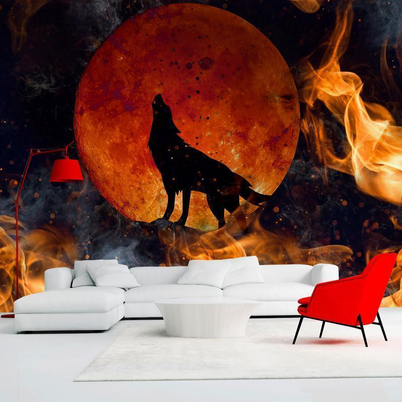 34,00 €Papier peint - Wild nature - wolf on a background of a red moon in flames of fire