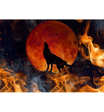 Fototapetas - Wild nature - wolf on a background of a red moon in flames of fire