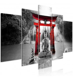 Schilderij - Buddha Smile (5 Parts) Wide Red