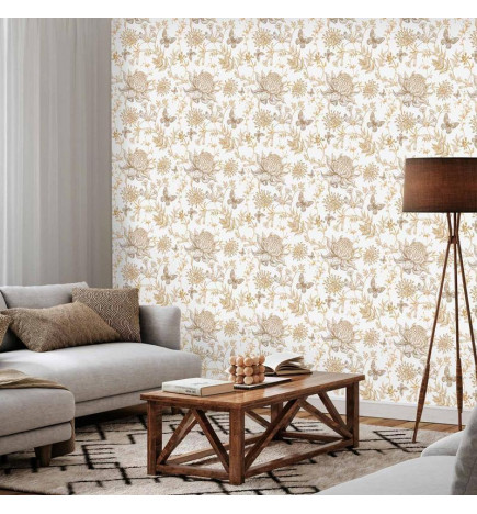Tapet - Beige flowers and butterflies on white background