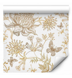 Tapet - Beige flowers and butterflies on white background
