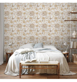 Tapet - Beige flowers and butterflies on white background