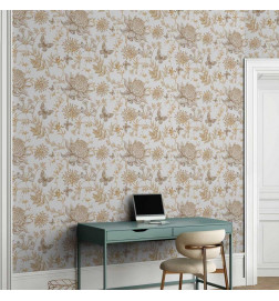 Wallpaper - Beige flowers and butterflies on white background
