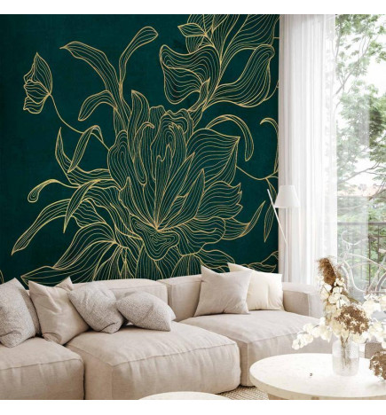 Mural de parede - Green boudoir - linear drawing of a flower in golden colours on a dark background