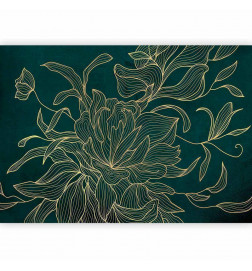 Wall Mural - Green boudoir - linear drawing of a flower in golden colours on a dark background