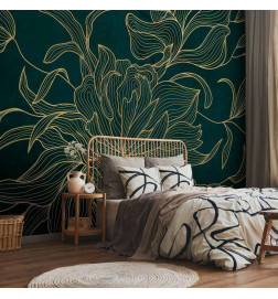 Carta da parati - Green boudoir - linear drawing of a flower in golden colours on a dark background