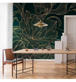 Foto tapete - Green boudoir - linear drawing of a flower in golden colours on a dark background