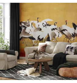Wall Mural - Japanese cranes - a flock of birds against a golden background based on a painting by Ishida Yūtei