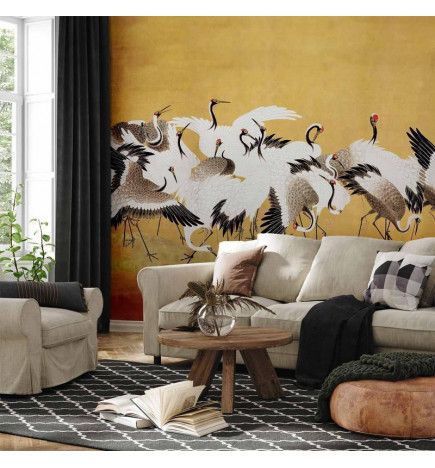 Carta da parati - Japanese cranes - a flock of birds against a golden background based on a painting by Ishida Yūtei