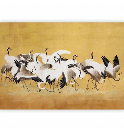 Fotomural - Japanese cranes - a flock of birds against a golden background based on a painting by Ishida Yūtei