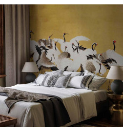 Foto tapete - Japanese cranes - a flock of birds against a golden background based on a painting by Ishida Yūtei