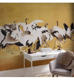 Fotobehang - Japanese cranes - a flock of birds against a golden background based on a painting by Ishida Yūtei