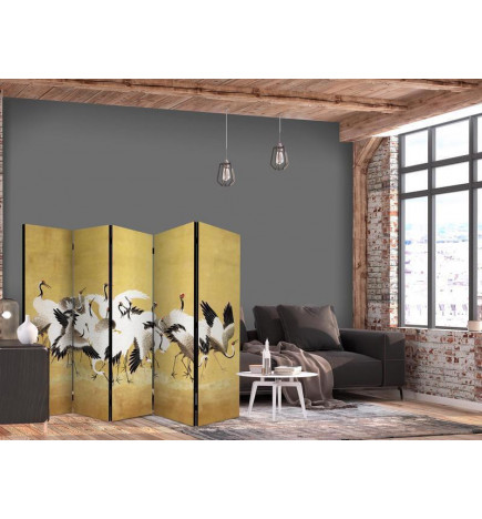 Paravan - Japanese cranes - a flock of birds against a golden background based on a painting by Ishida Yūtei